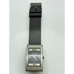 Geneva Quartz Watch Rectangular Silver Case Blue Dial Black Rubber Strap 8538